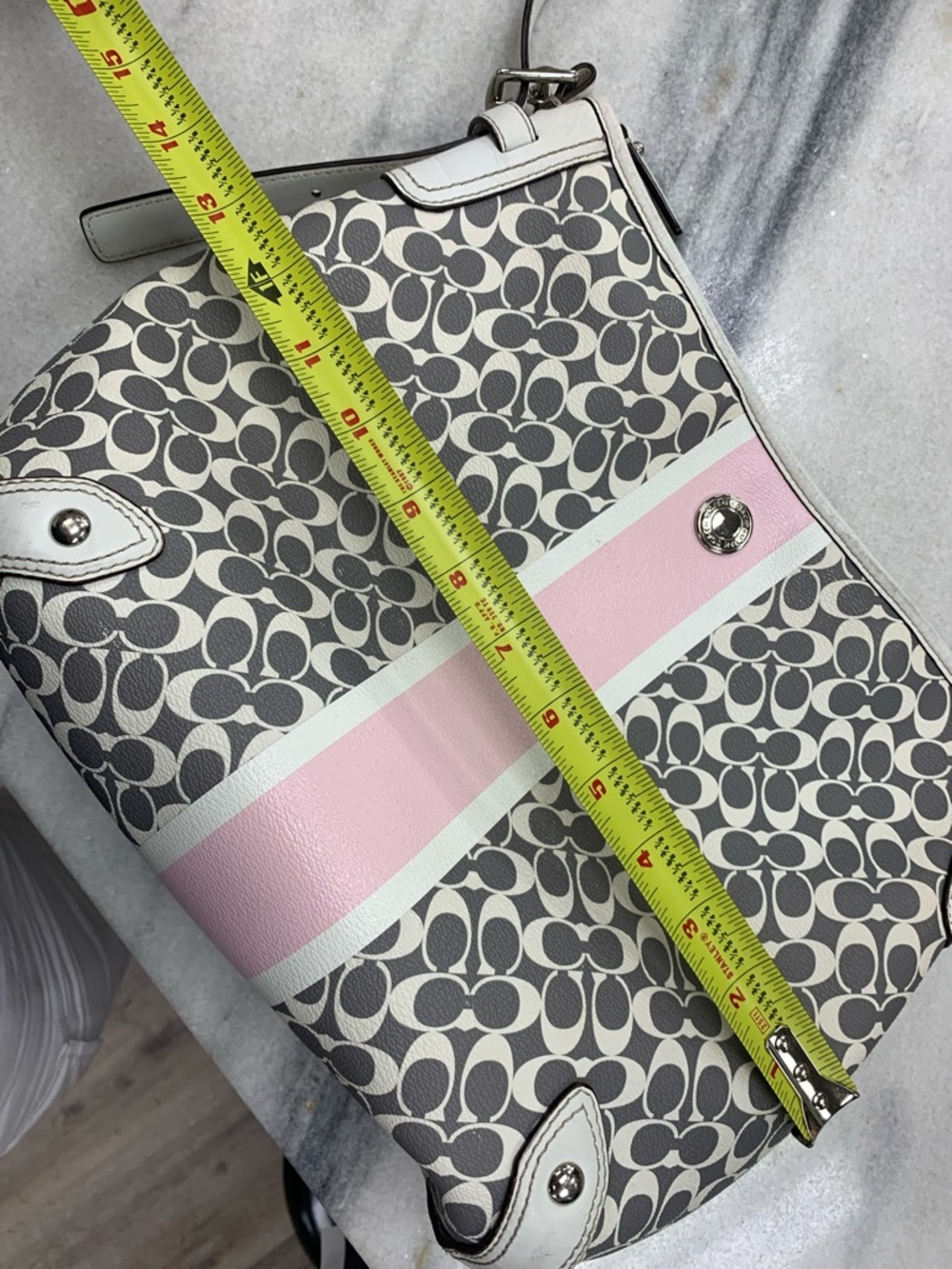 Coach Signature Canvas Shoulder Bag in Pink and Gray with White Trim - Picture 8 of 11